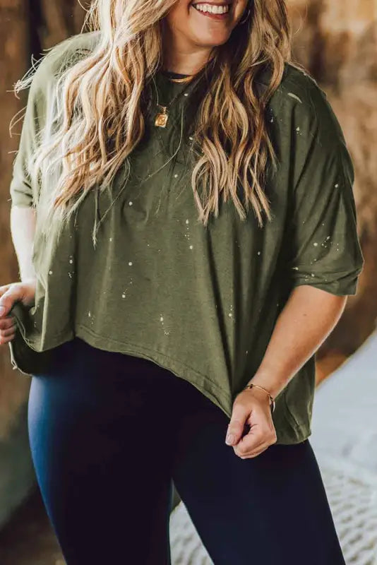 Green plus size ripped half sleeve blouse