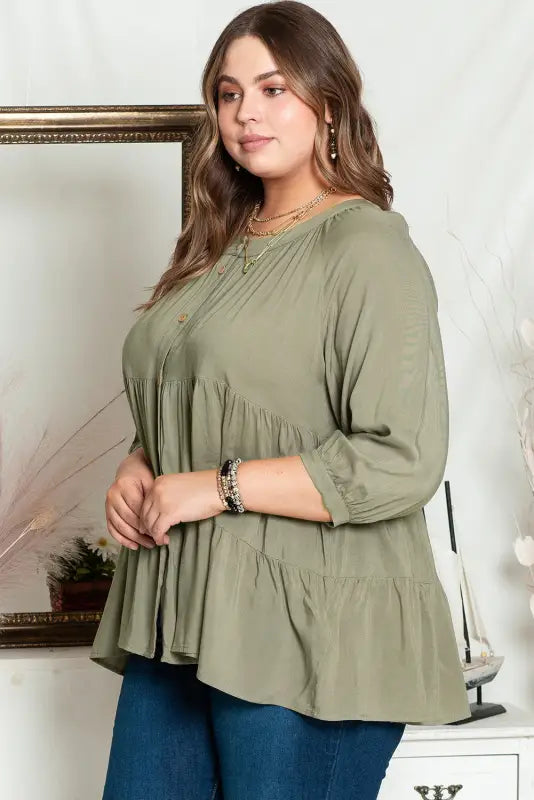 Green plus size ruffle tiered split neck shirt