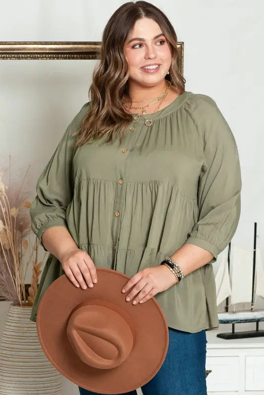 Green plus size ruffle tiered split neck shirt - 1x / 100% viscose