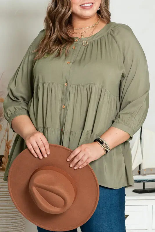 Green plus size ruffle tiered split neck shirt