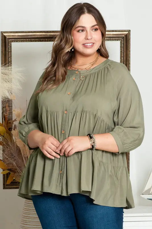 Green plus size ruffle tiered split neck shirt