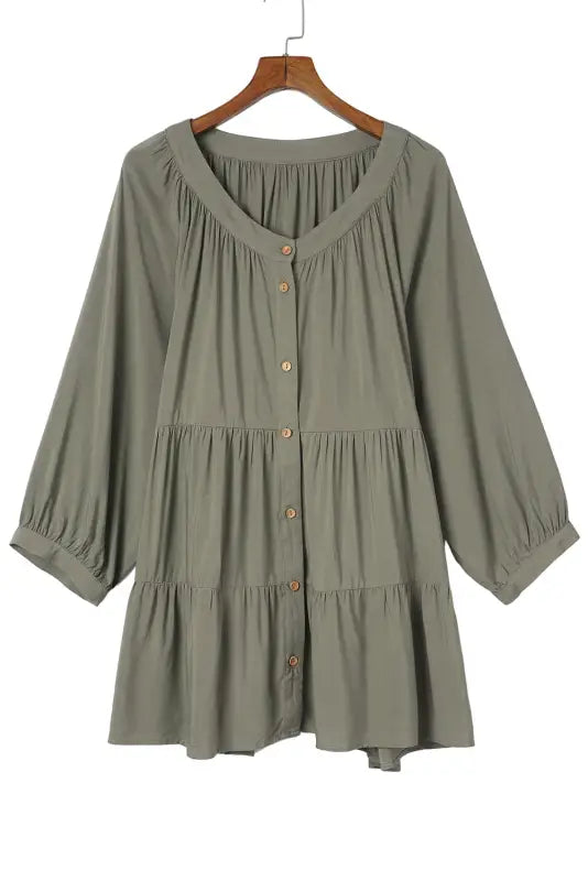 Green plus size ruffle tiered split neck shirt