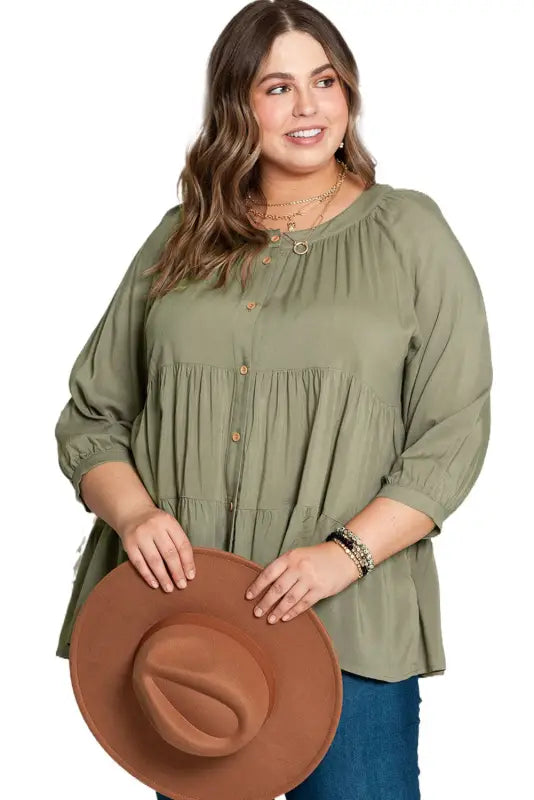 Green plus size ruffle tiered split neck shirt