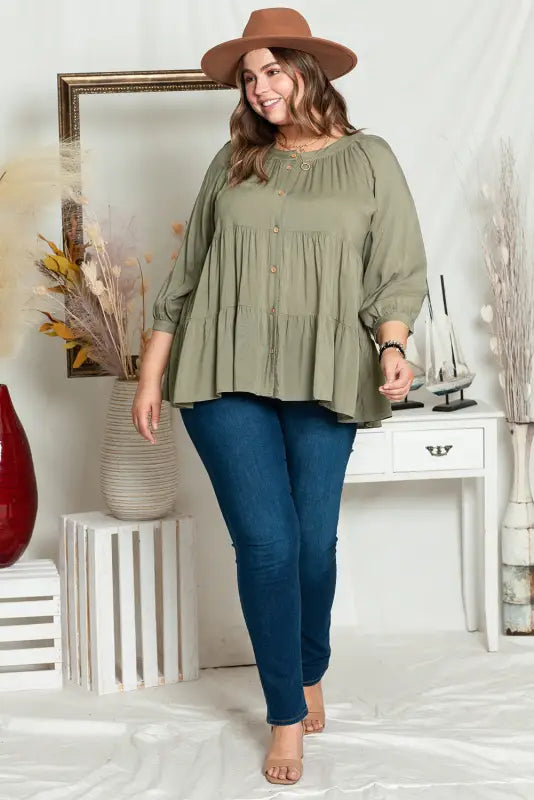 Green plus size ruffle tiered split neck shirt