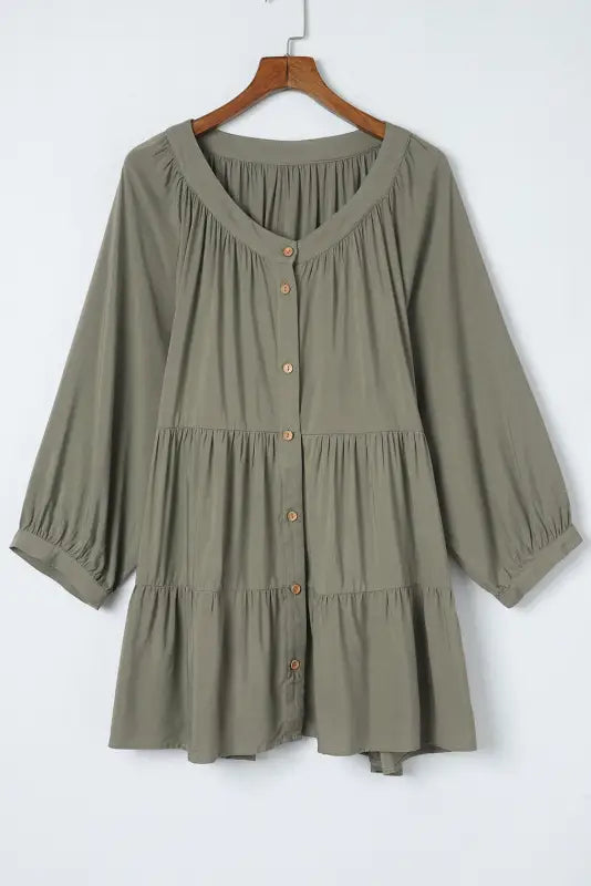 Green plus size ruffle tiered split neck shirt