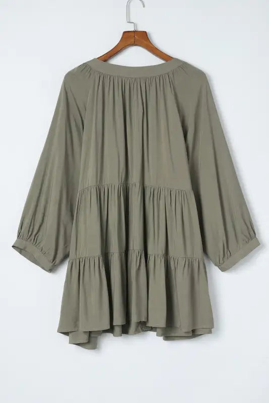 Green plus size ruffle tiered split neck shirt