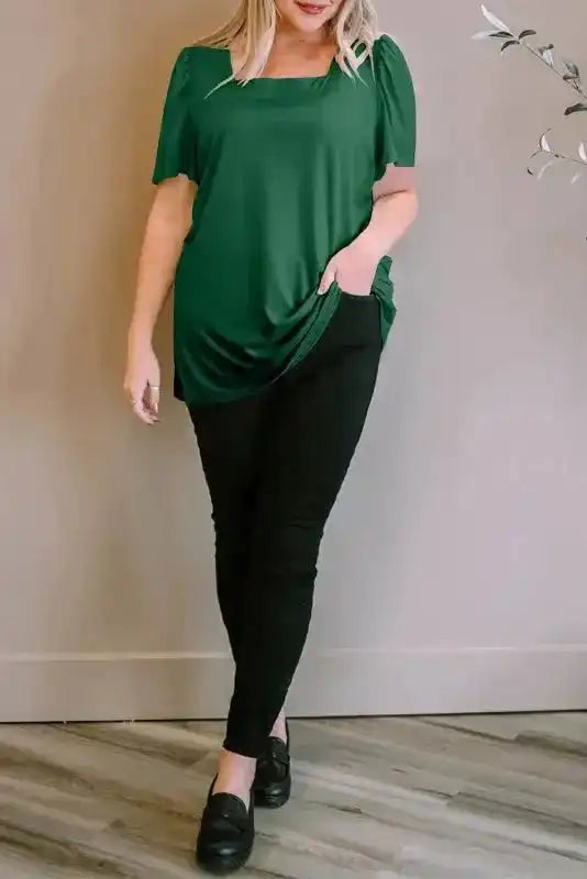 Green Plus Size Square Neck Top - Fashionfitz