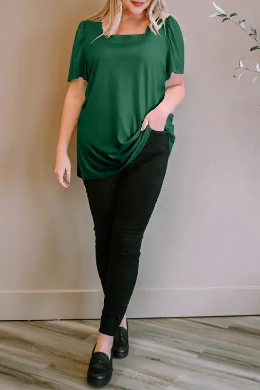 Green plus size square neck top - tops & tees