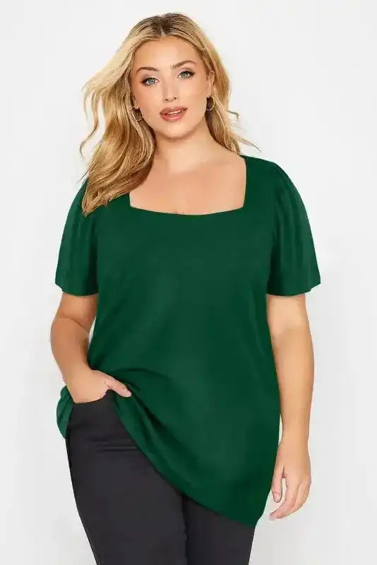 Green Plus Size Square Neck Top - Fashionfitz