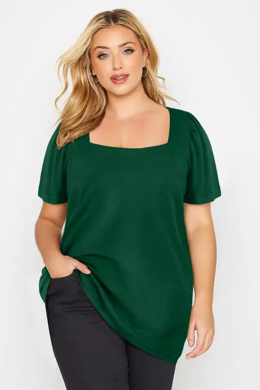 Green plus size square neck top - tops & tees