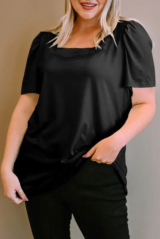 Green plus size square neck top - black / 1x / 60% polyester + 35% viscose + 5% elastane - tops & tees