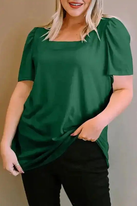 Green plus size square neck longline tunic sleeveless top front view — Fashionfitz UK