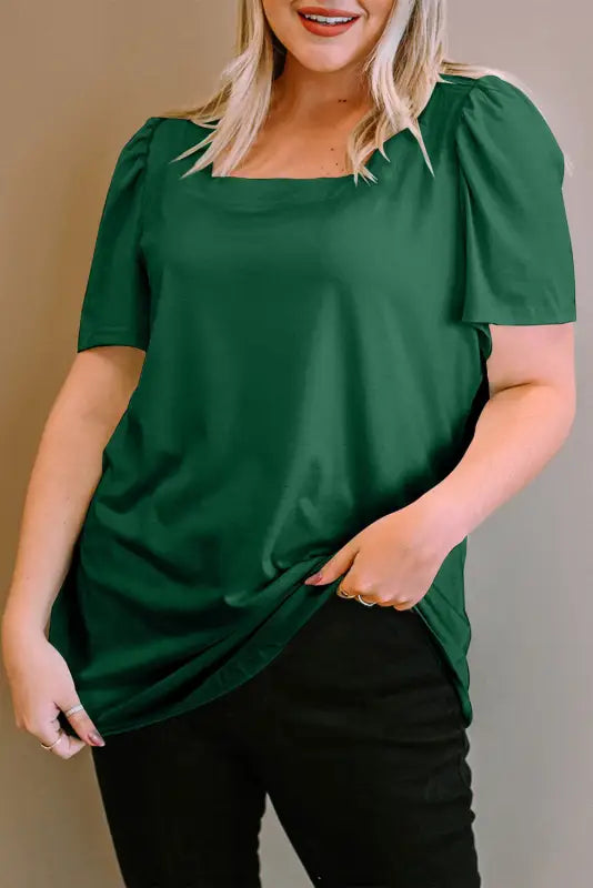 Green plus size square neck top - 1x / 60% polyester + 35% viscose + 5% elastane - tops & tees