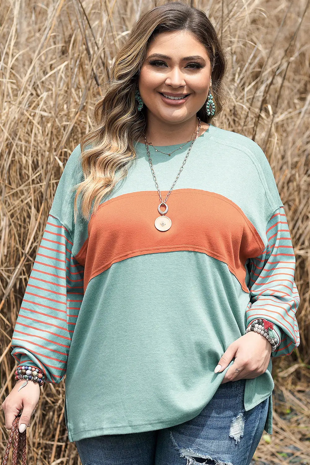 Green plus size striped long sleeve colorblock tee with slits - grass / 1x / 60% polyester + 35% viscose + 5% elastane
