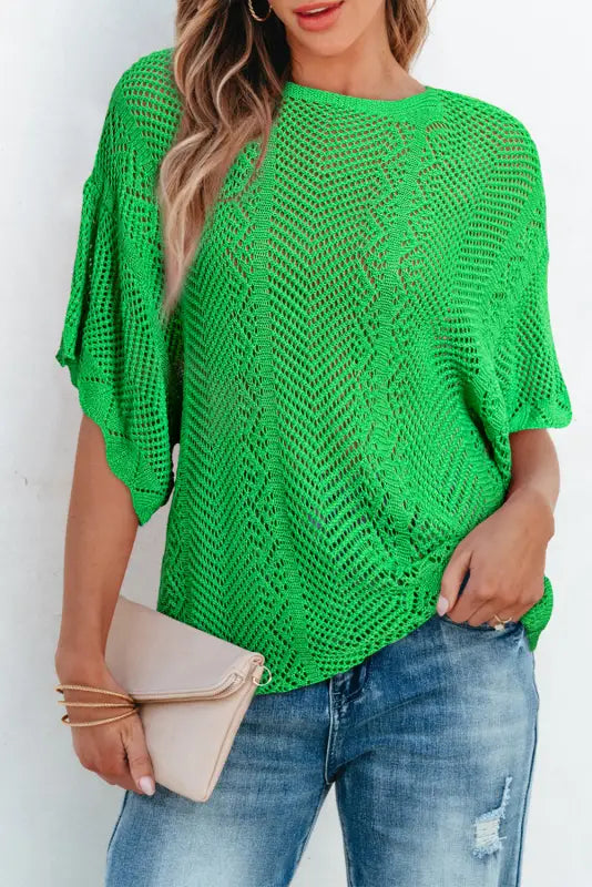 Green pointelle knit top