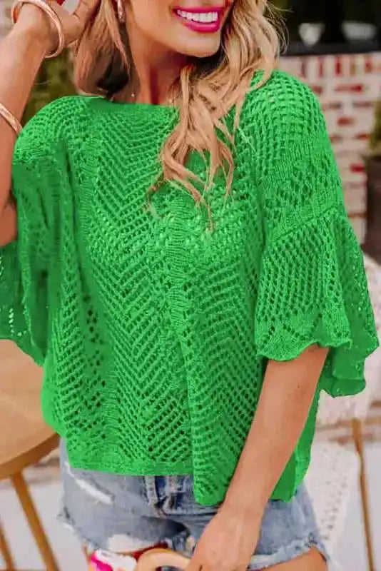 Green Pointelle Knit Top - Fashionfitz