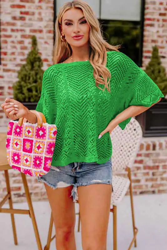 Green pointelle knit top