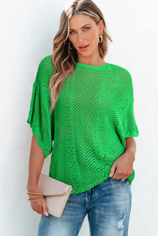 Green pointelle knit top