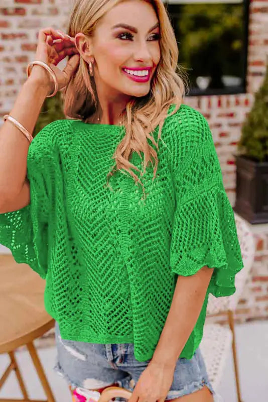 Green pointelle knit top