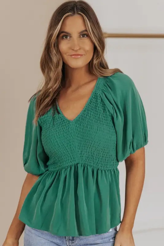 Green puff sleeve smocked top - tops