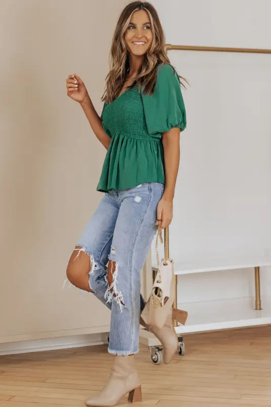 Green puff sleeve smocked top - tops