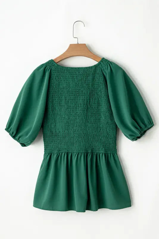 Green puff sleeve smocked top - tops