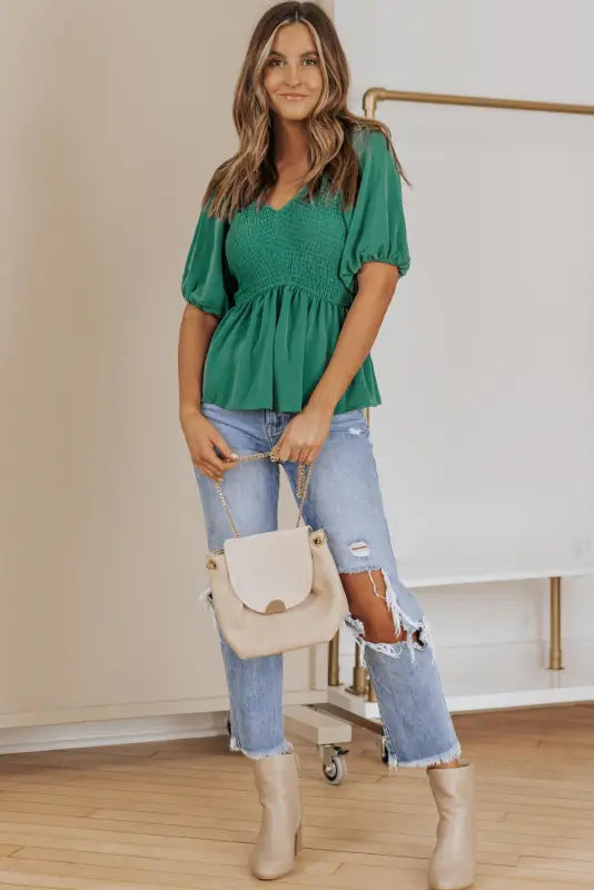 Green puff sleeve smocked top - tops