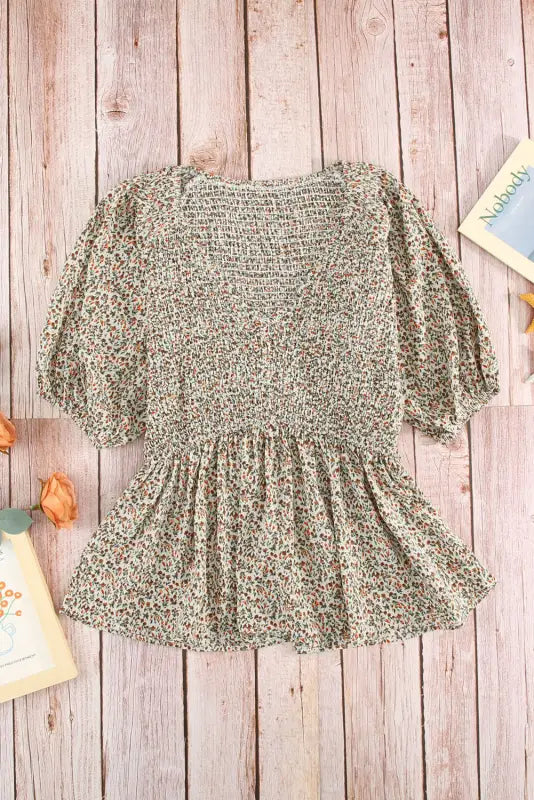 Green puff sleeve smocked top - tops