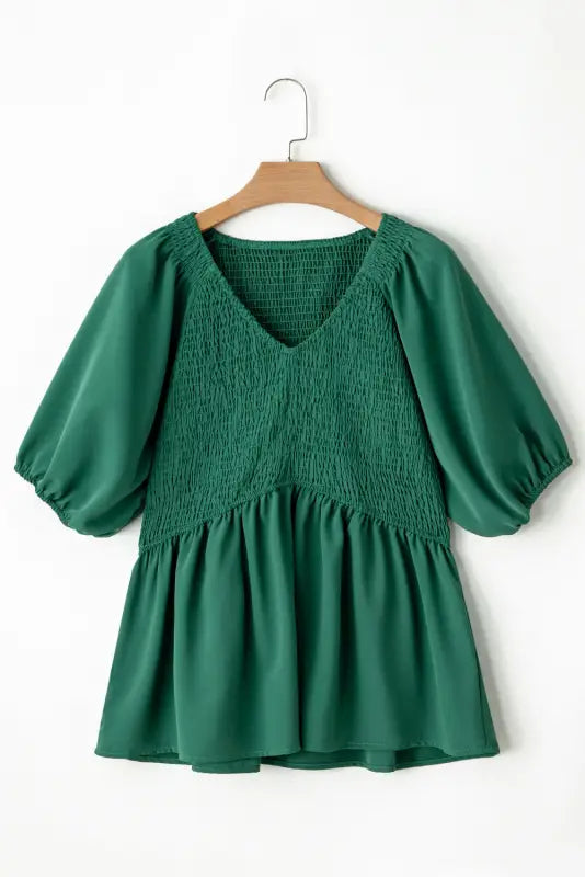 Green puff sleeve smocked top - tops