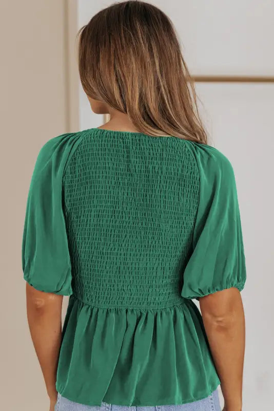 Green puff sleeve smocked top - tops