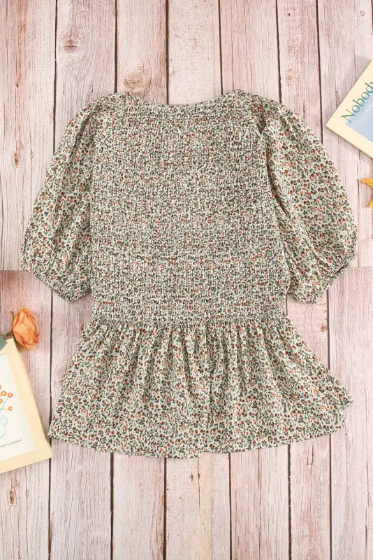 Green puff sleeve smocked top - tops