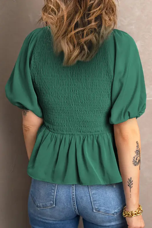 Green puff sleeve smocked top - tops