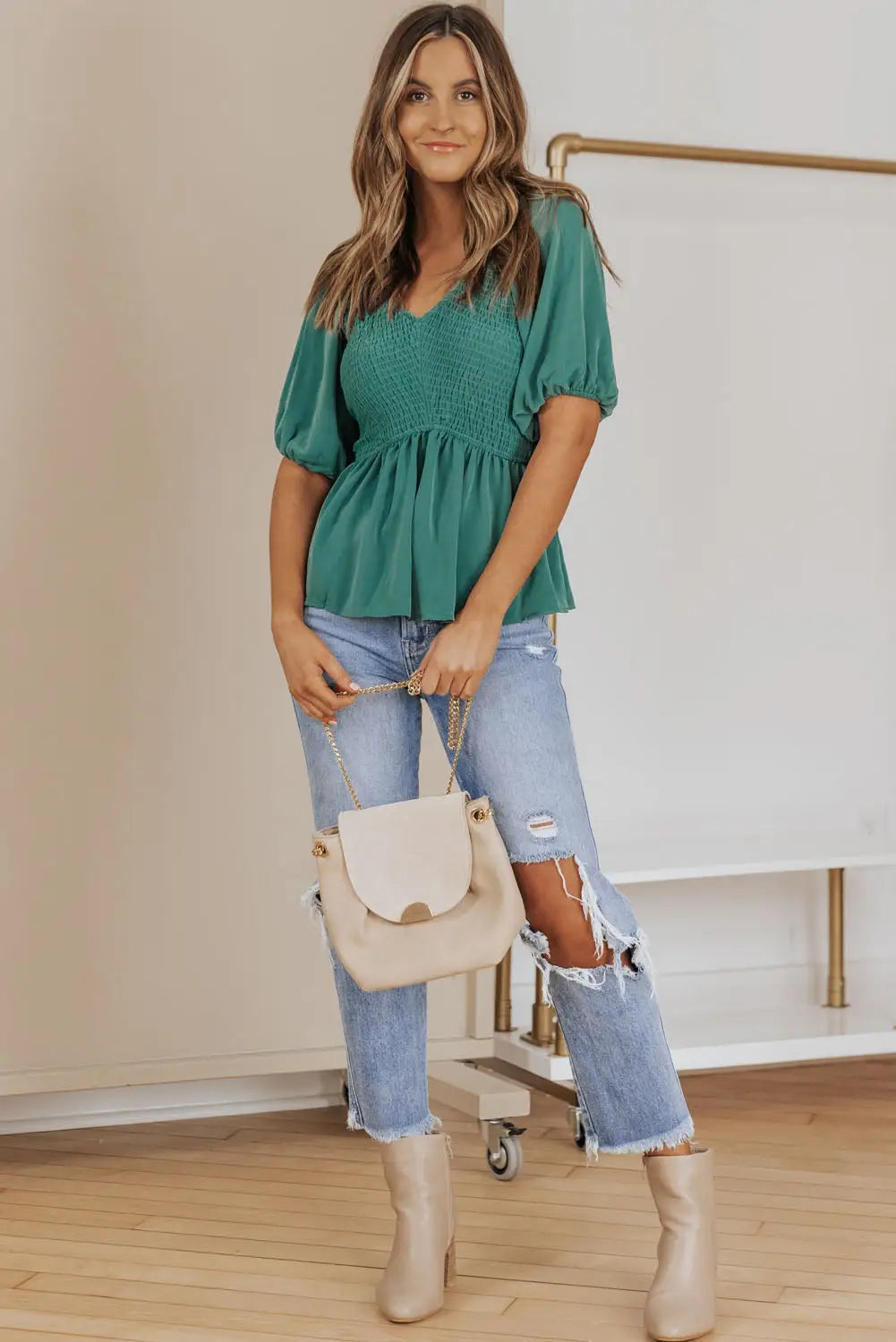 Green puff sleeve smocked top - t-shirts