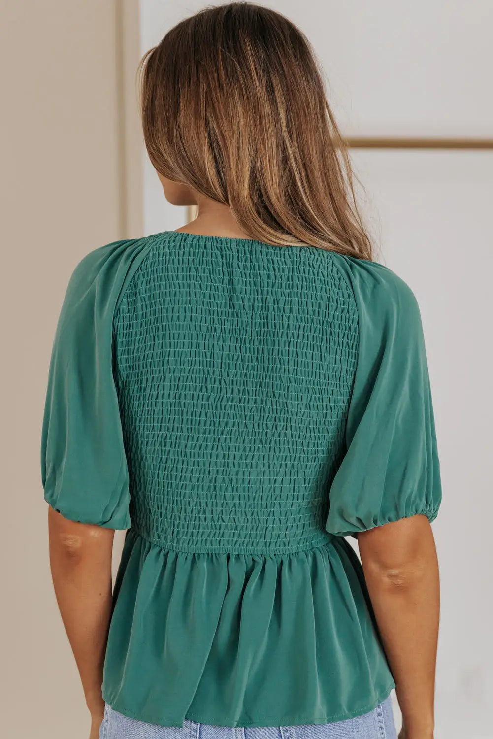 Green puff sleeve smocked top - t-shirts