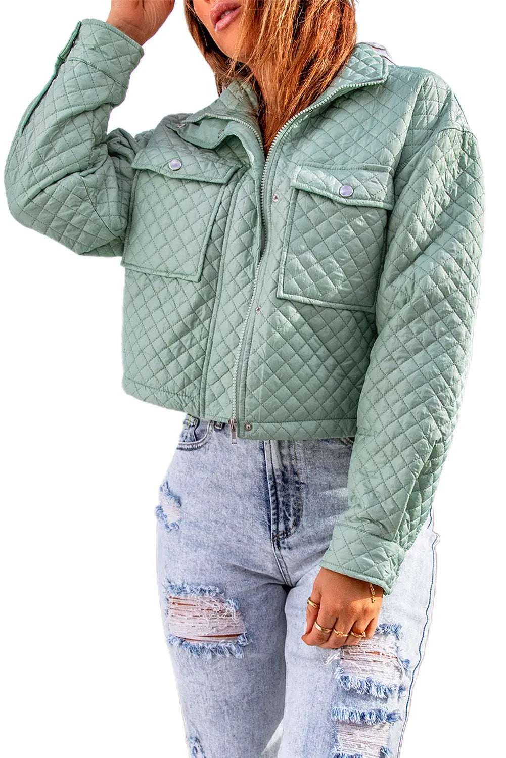 Green quilted pocketed zip-up cropped jacket - jackets