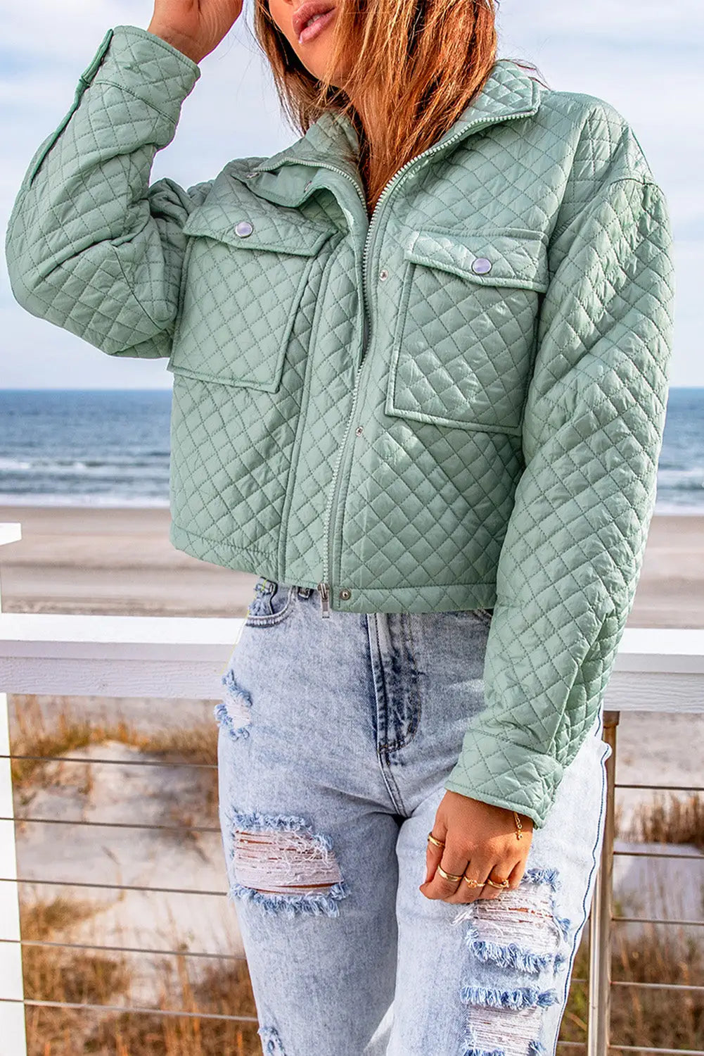 Green quilted pocketed zip-up cropped jacket - s / 95% polyester + 5% elastane - jackets