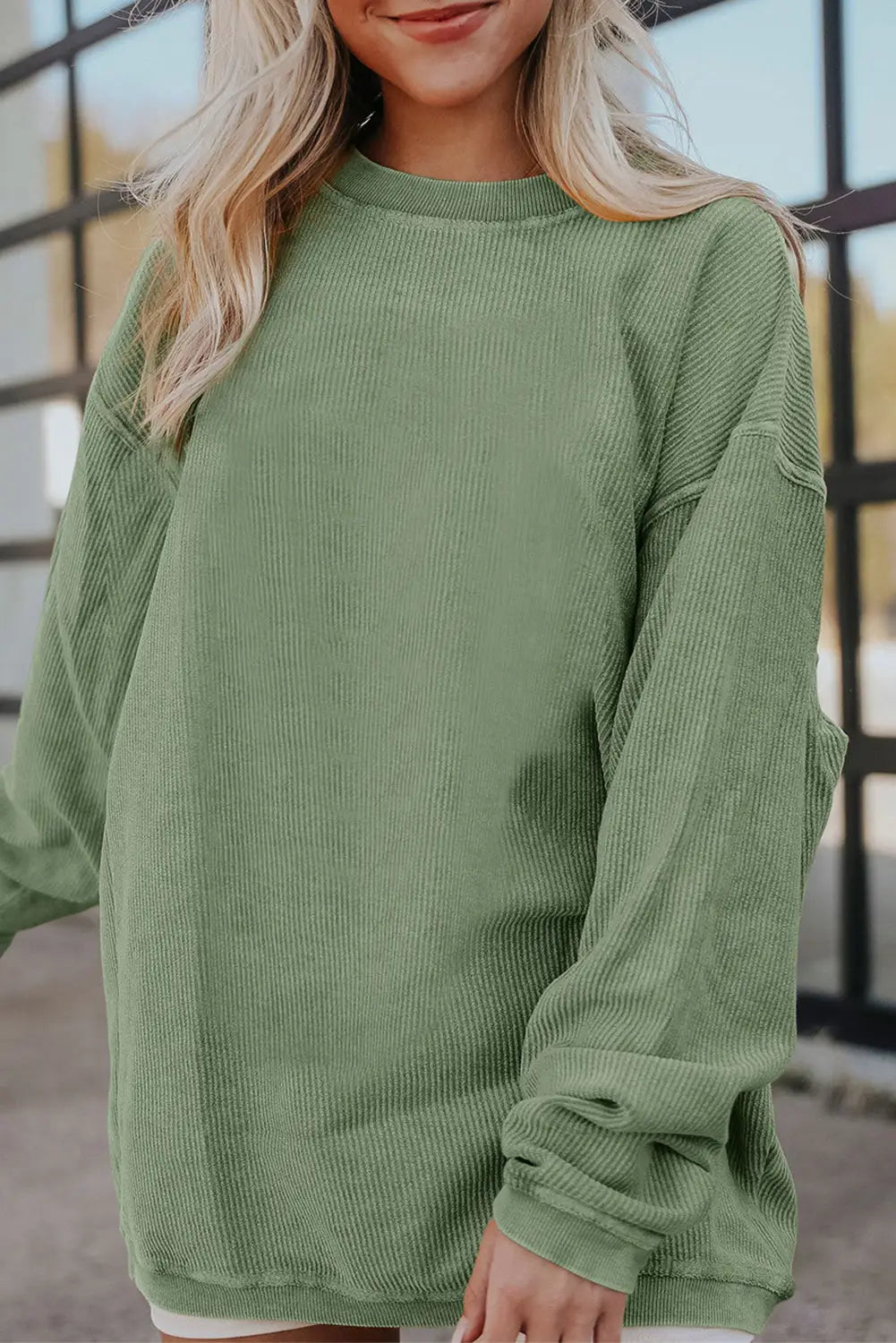 Green ribbed corded oversized sweatshirt - grass / s / 100% polyester - sweatshirts & hoodies