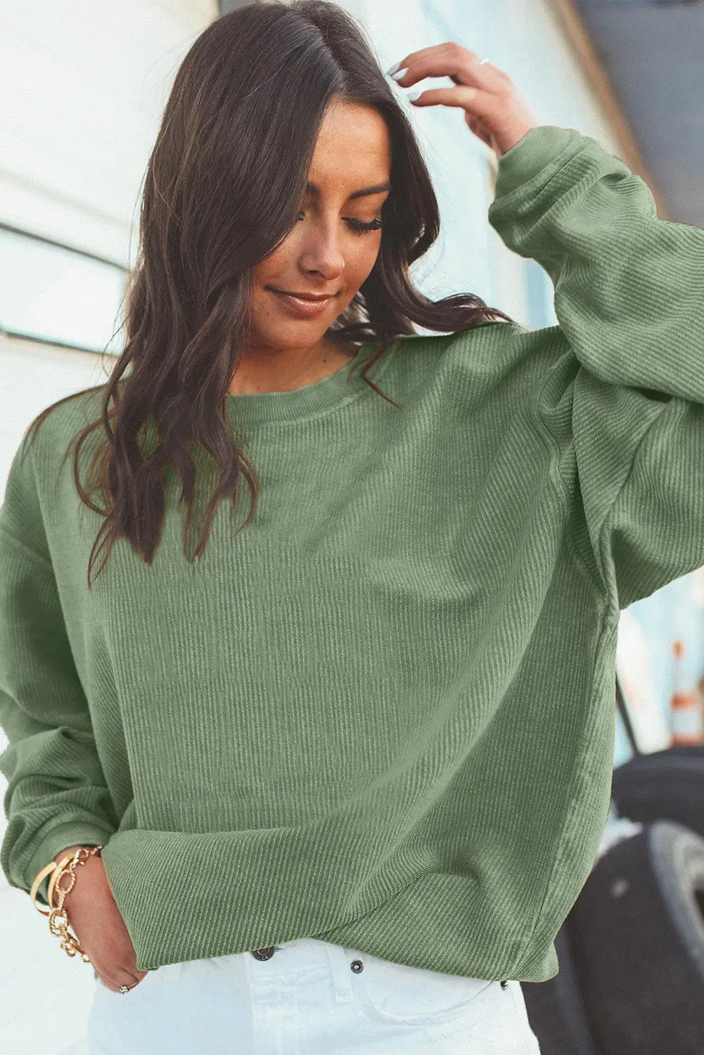 Green ribbed corded oversized sweatshirt - sweatshirts & hoodies