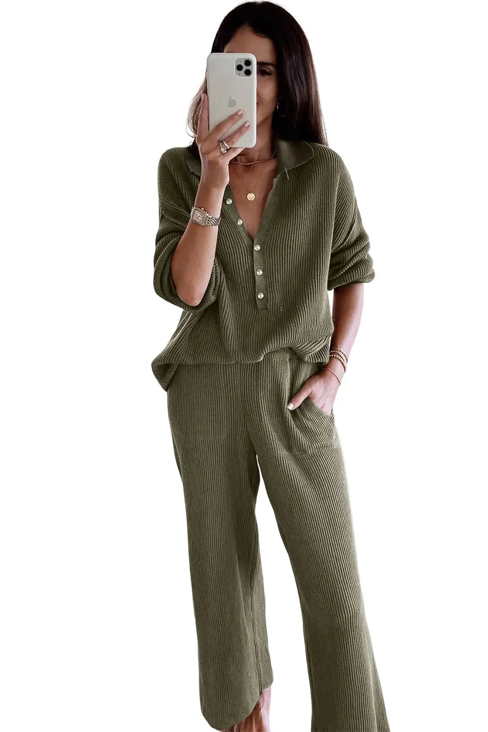 Green ribbed knit collared henley top and pants lounge outfit - loungewear