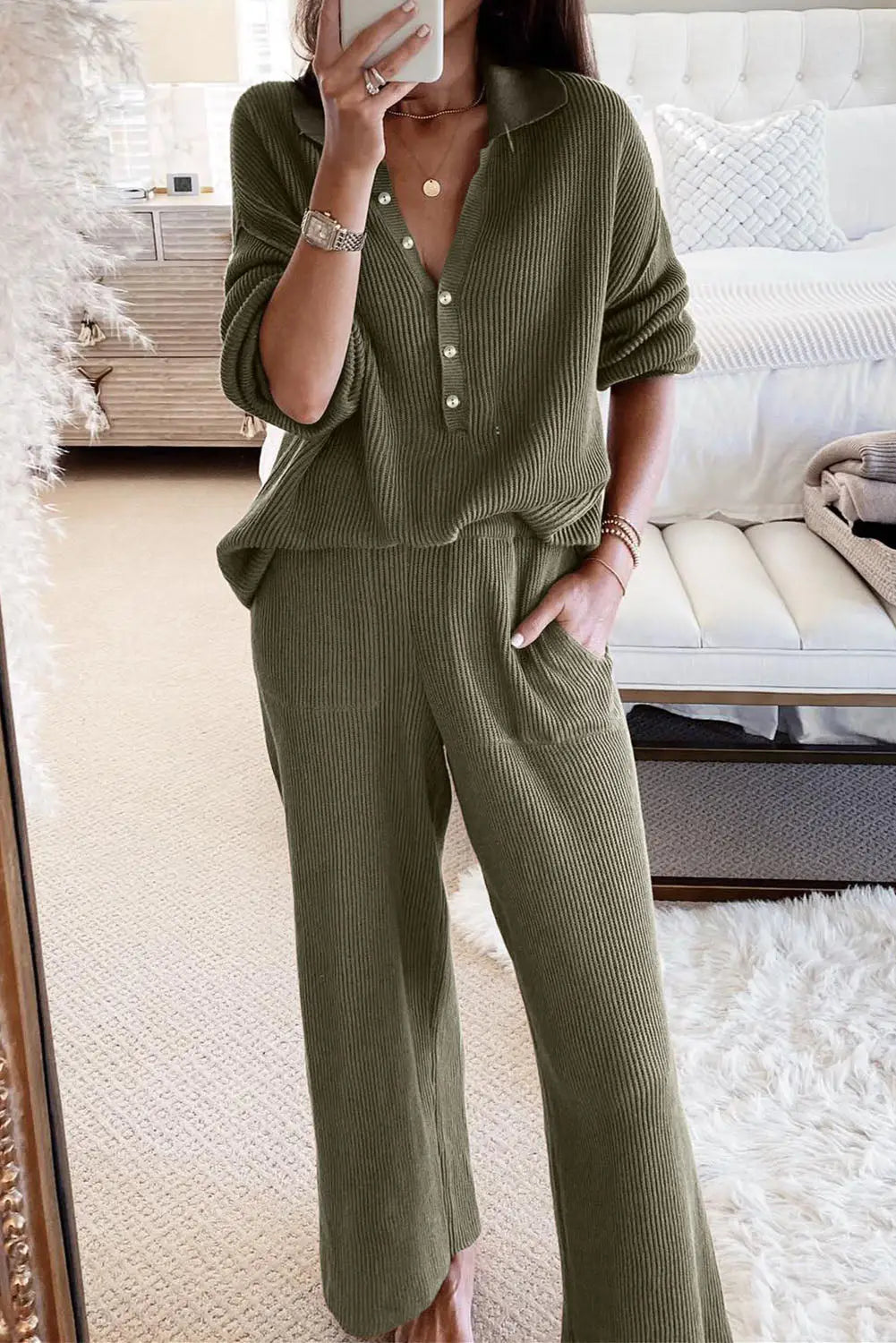 Green ribbed knit collared henley top and pants lounge outfit - s / 85% polyester + 10% viscose + 5% elastane