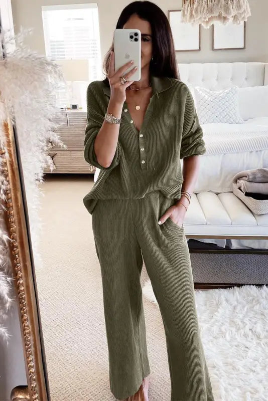 Green ribbed knit collared henley top and pants lounge