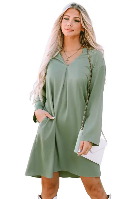 Green roll-tab sleeve flowy casual dress - mini dresses