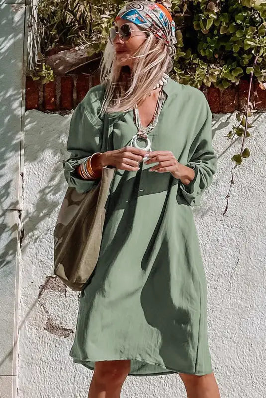 Green roll-tab sleeve flowy casual dress - mini dresses