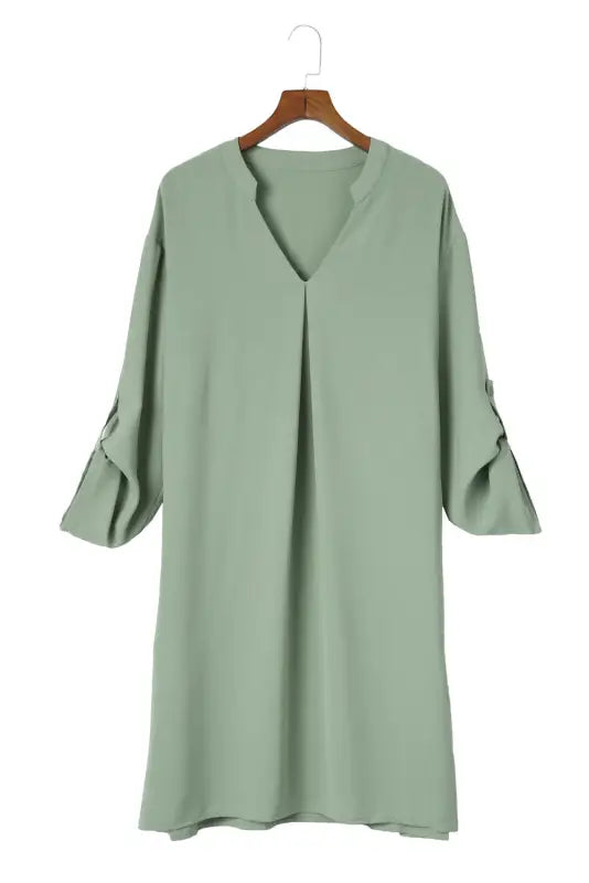 Green roll-tab sleeve flowy casual dress - mini dresses