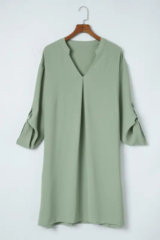 Green roll-tab sleeve flowy casual dress - mini dresses