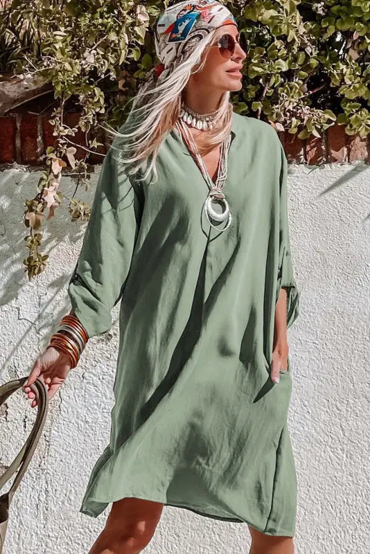 Green roll-tab sleeve flowy casual dress - mini dresses