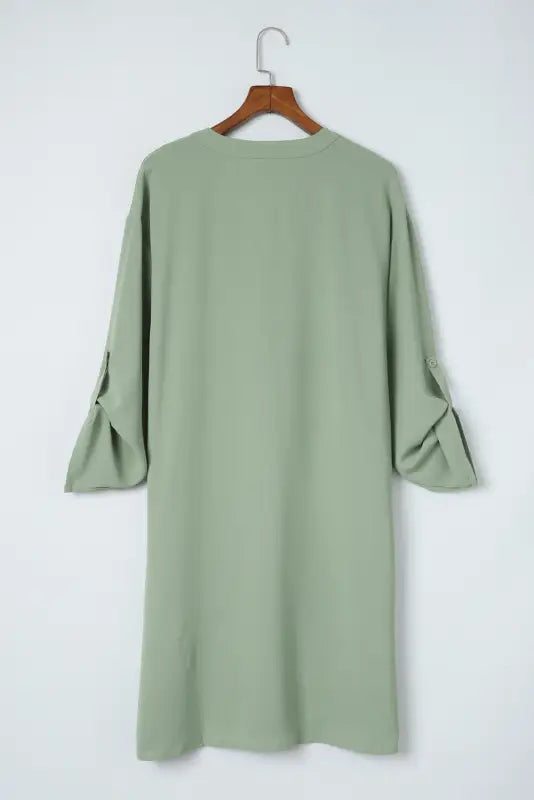 Green roll-tab sleeve flowy casual dress - mini dresses