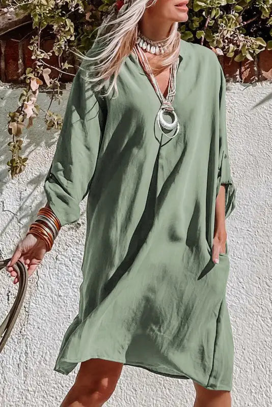 Green roll-tab sleeve flowy casual dress - mini dresses