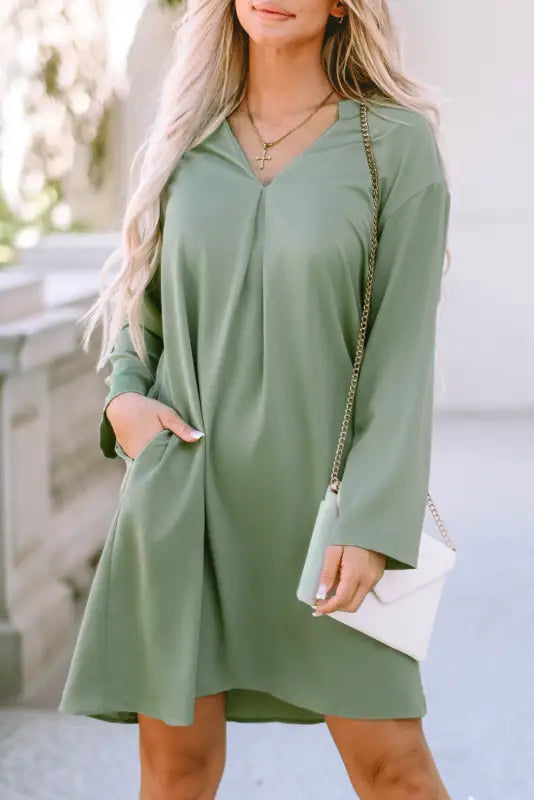 Green roll-tab sleeve flowy casual dress - mini dresses