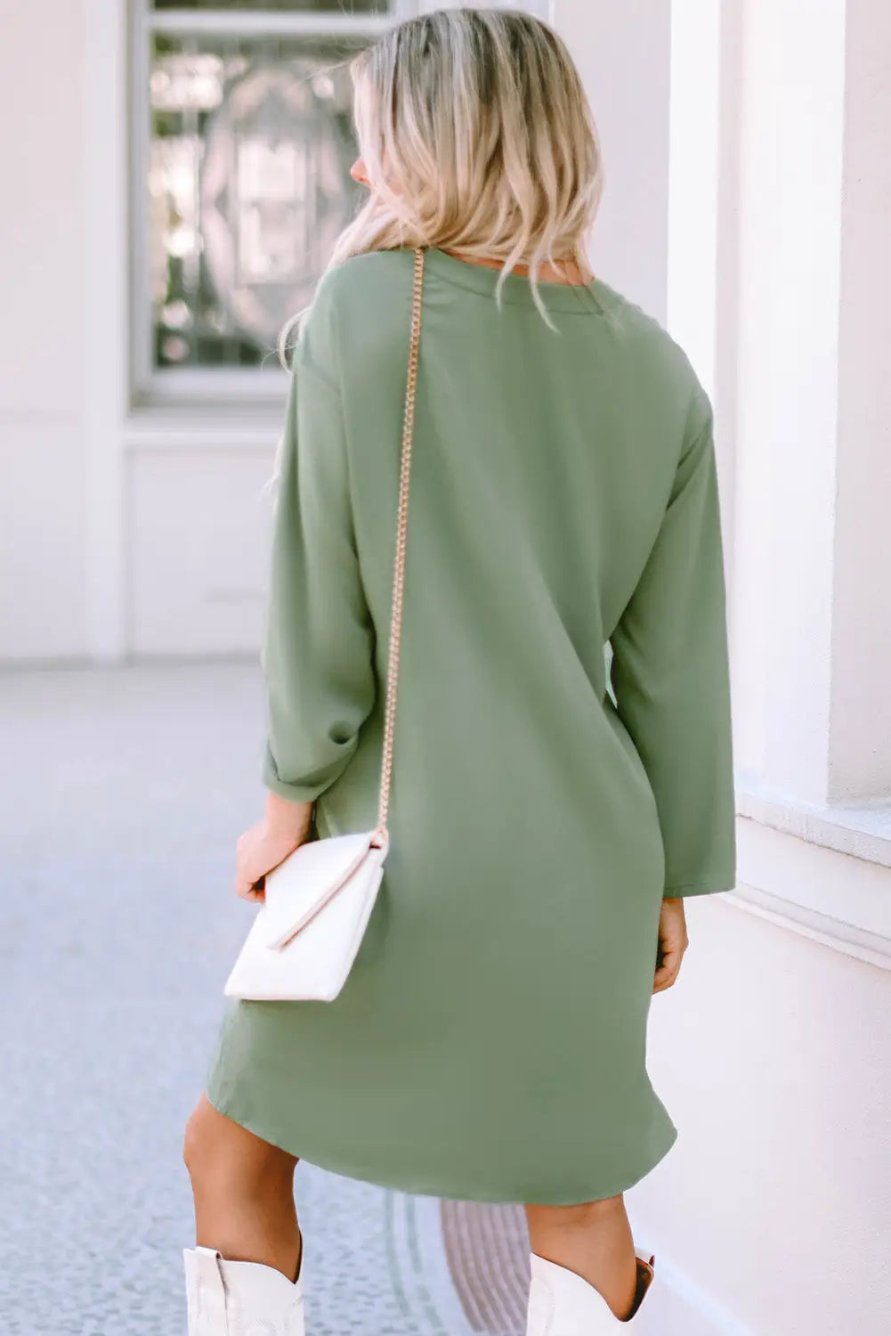 Green roll - tab sleeve flowy casual dress - mini dresses